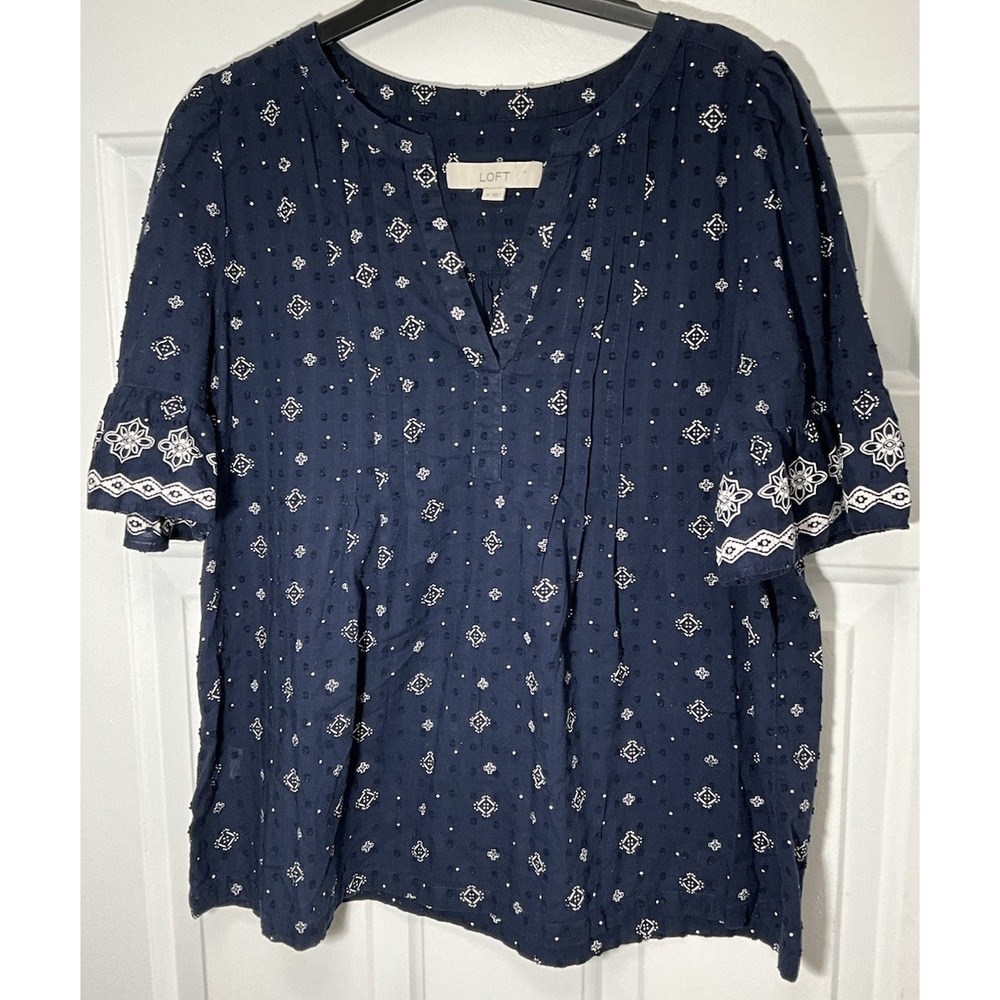 LOFT Navy Blue Cotton Clip Dot Embroidered Pintuck Split Neck Blouse Medium